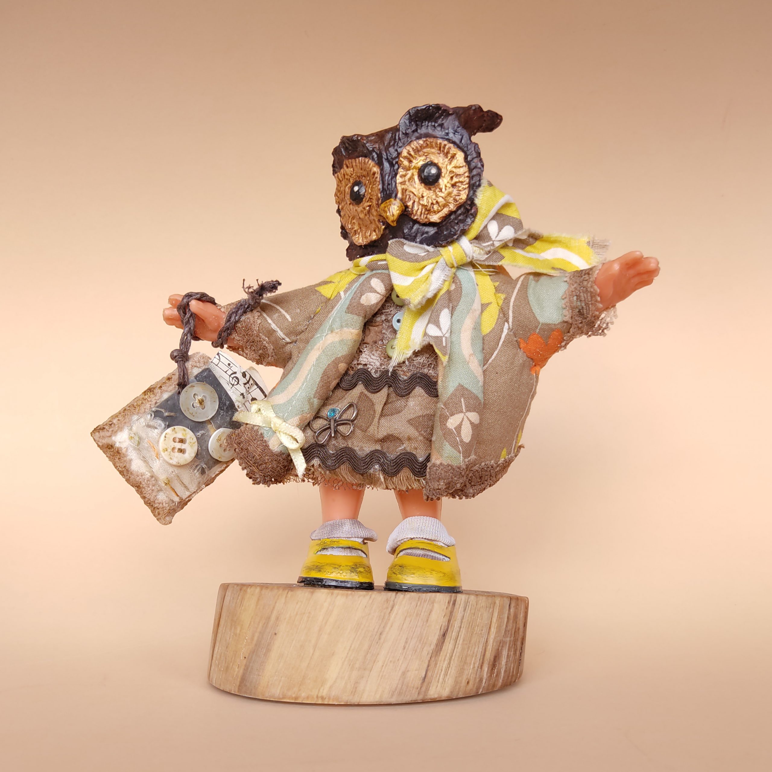 whimsical mixed media owl anthropomorphic doll with coat dress bag and yellow shoes